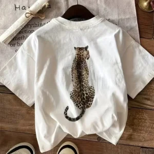 Leopard Print Round Neck Short Sleeve T Shirt Casual Sports Style