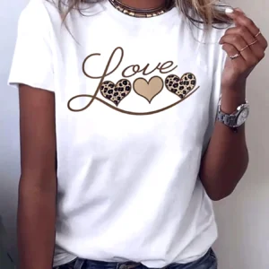 Leopard Heart Print Tshirt Women Sleeve Crew Neck Casual Top for