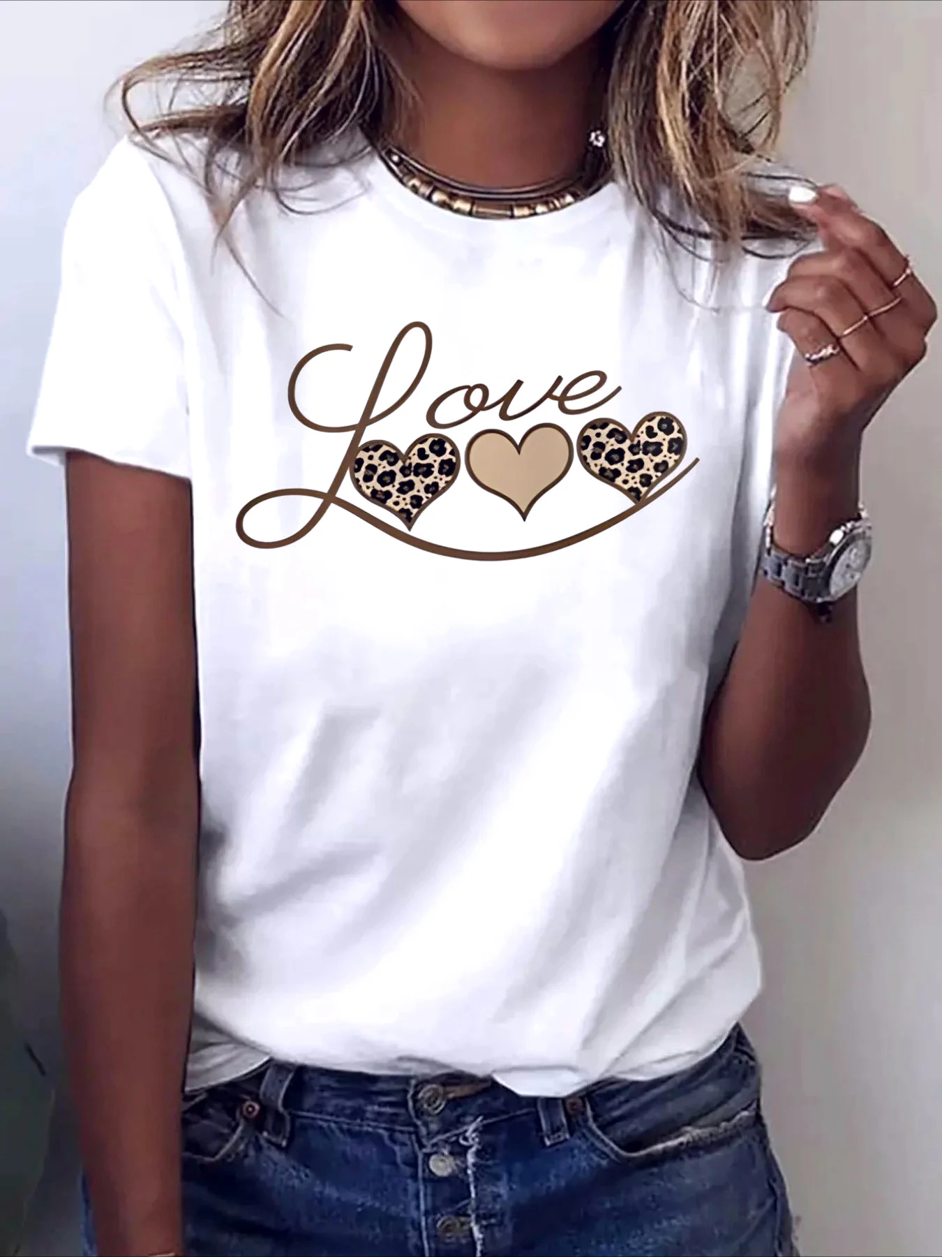 Leopard Heart Print Tshirt Women Sleeve Crew Neck Casual Top for